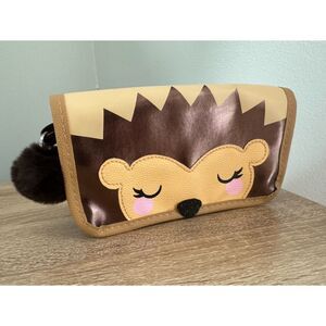 Brown Hedgehog Themed Clutch Bag with Pom Pom Keychain Makeup Kawaii Pencil Bag